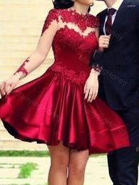 Feestjurken MarryingHoney Cocktail Sexy Red Short Dress Lace Applique Saitn Long Sleeve Prom For Women