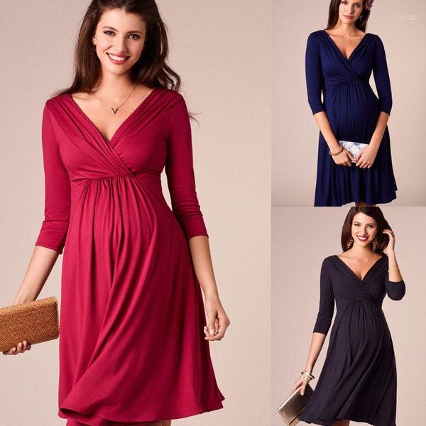 Robes de soirée vêtements de maternité été femmes enceintes robe Sexy col en v demi manches a-ligne élégante couleur unie grande taille