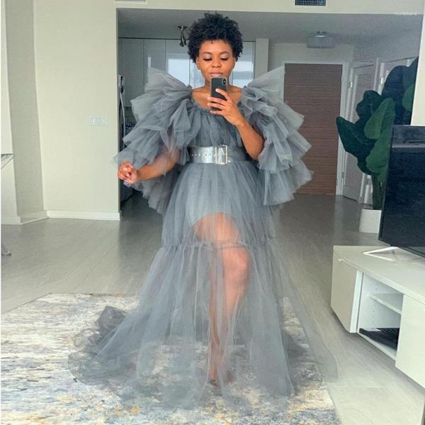 Robes de soirée Maternité Pographie Gris Tiered Sheer Tulle O-Cou Papillon Manches Femmes Enceintes Photo Po Shoot Longue