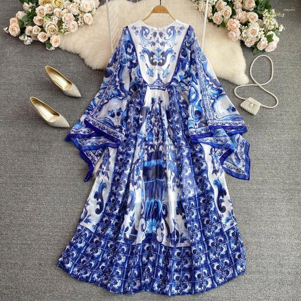 Robes de soirée Maxi robe en mousseline de soie femmes 2023 été bohème bleu et blanc porcelaine impression vêtements longueur de plancher manches évasées longues robes