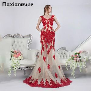 Feestjurken Maxianever Red Lace Applique Sheath Prom Dress Zie door lange avondjurk elegant voor vrouwen Vestidos de novia