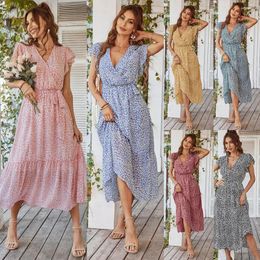 Robes de soirée MCLAOSI femmes été à manches courtes col en v robe florale ample décontracté Boho à pois fleur imprimer longue