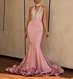 Robes de fête Sirène Prom 2024 Sexy Halter Lace Pink Elastic Satin Gala Jurken Long Backless Vestidos de Festa Robe