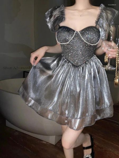 Robes de soirée en métal gris maille robe de cérémonie élégante mini hauts col carré 2024 sexy plage taille haute une ligne pour les femmes 880O