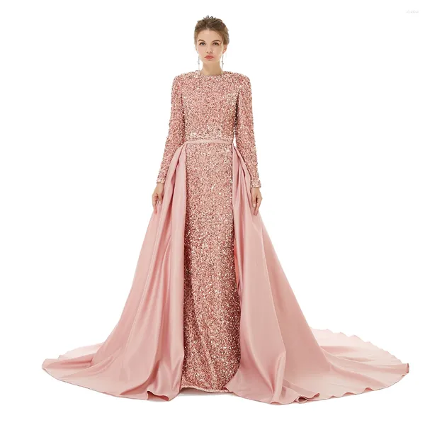 Robes de fête détrempe les paillettes à manches longues robes de soirée femme Trumpette sexy traînante robe de bal rose élégant vestido