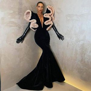 Robes de soirée moderne noir sirène bal volants manches bouffantes Sexy col en v profond robes longues célébrité Sukienki