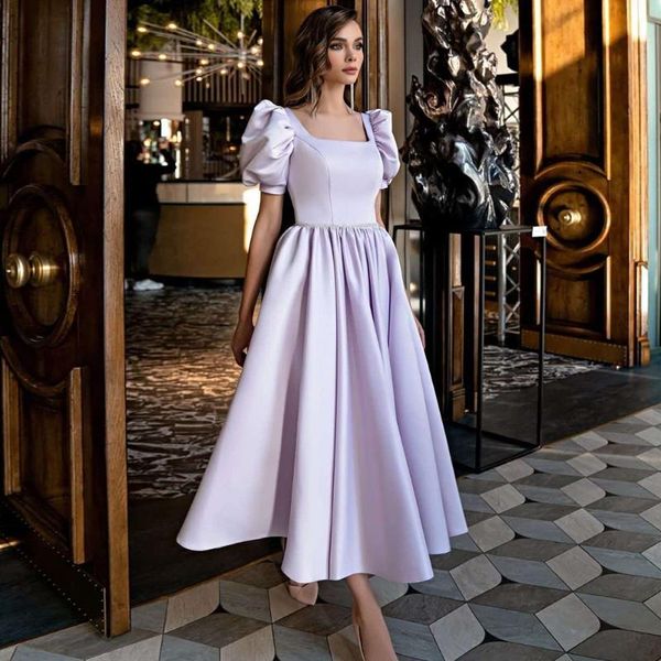 Vestidos de fiesta modernos de color morado claro, vestidos de noche con cuello cuadrado, mangas abullonadas, longitud de graduación, boda de satén, hechos a medida, 2022