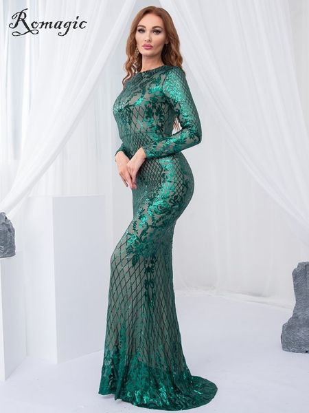 Robes de soirée Modeste Vert Manches Longues O Cou Femmes Robe De Soirée Géométrie Sequin Stretch Sirène De Luxe Robe De Soirée Formelle Avec Doublure 230504