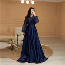 Robes de soirée modeste bleu marine a-ligne soirée bouffée manches longues dentelle brillante satin fente robe de bal saoudien arabe femmes robe formelle