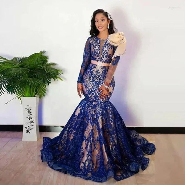 Robes de fête modestes Royal Blue Lace Aso Ebi Prom manches longues Robe de soirée sirène africaine plus taille arabe formelle robes