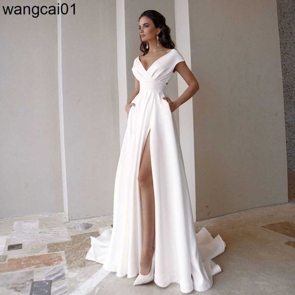 Robes de soirée Robe de mariée civile modeste à col en V avec fente pour femmes Simp Cap Seve balayage train une ligne robe de mariée avec poches sur mesure 0408H23