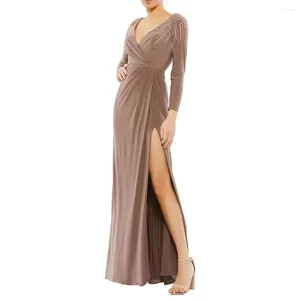 Robes de soirée MOLISA élégant luxe col en V cristaux à manches longues sirène longue robe de soirée pour femme haute fente longueur de plancher robe de bal chic