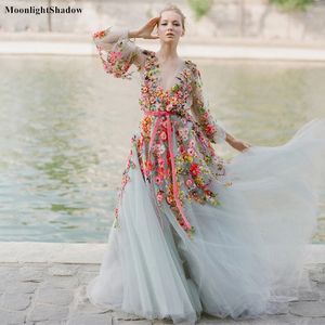 Robes De Soirée MoonlightShadow Mariage Coloré Aline VNeck Manches Longues Tulle 3D Fleurs Appliques Robes De Mariée Robe De 230427