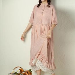 Robes de fête mori style fille printemps d'été coton lin robe lâche femme manche courte en dentelle à volants floraux ourlet esthétique vintage long