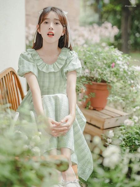 Robes de fête mori green plaid sweet rétro femme collier collier mignon robe à manches bouffantes chic dame été élégante ventre vintage décontracté