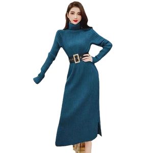 Feestjurken Mulheres Elegante Gola Alta Com Faixas Cintura Fina Outono Inverno Quente Longo Malha Camisola Vestidos Senhora Vestido Vintage
