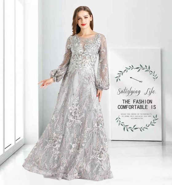 Robes de fête robe de soirée musulmane Gris Luxury Long Manche 2024 Dubai Sequin For Women Wedding Prom Ho1069
