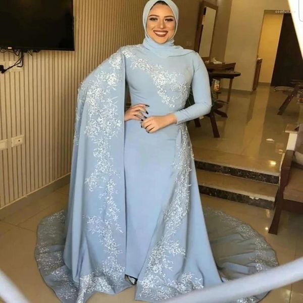 Robes de fête musulmanes bleu clair applique colle haute manches longues satin soir élégant robe de bal formelle de dinde classique élégante