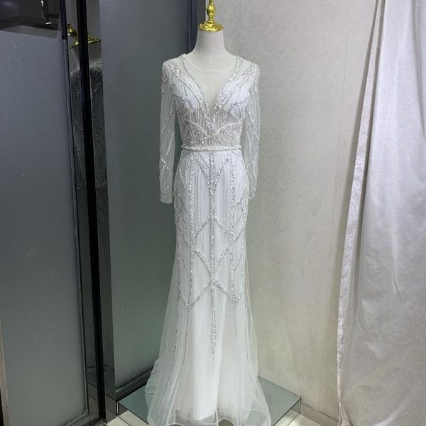 Robes de soirée musulman blanc a-ligne robes de soirée 2023 perlé luxe pour femme mariage élégant cérémonie bal grande taille