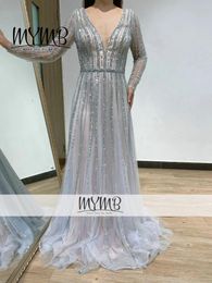 Robes de fête MyMb Arrivée Robe de soirée à manches longues plongeant avec une robe de mariée ouverte sexy 2024