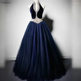 Robes de soirée bleu marine Vintage soirée gonflée robes de bal licou perles Tulle velours pour les femmes Abiti Da Cerimonia Sera