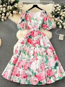 Robes de fête Neploe Femmes Big Swing Swing French Style Viens de taille haute V Coube à manches Puff Robe A-Line Mid-Longing Robe Fresh