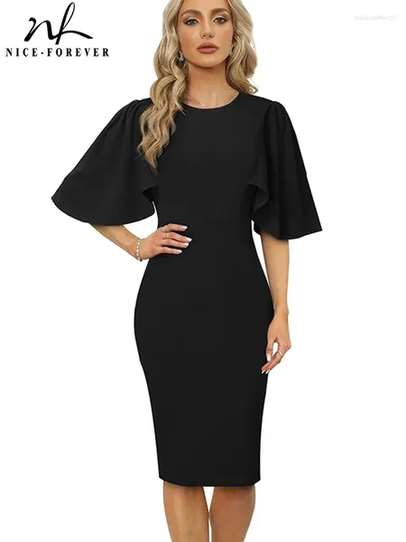 Vestidos de fiesta Nice-Forever Otoño Mujeres con clase Sólido Color Negro Formal Negocio Elegante Vintage Slim Vestido ajustado B970