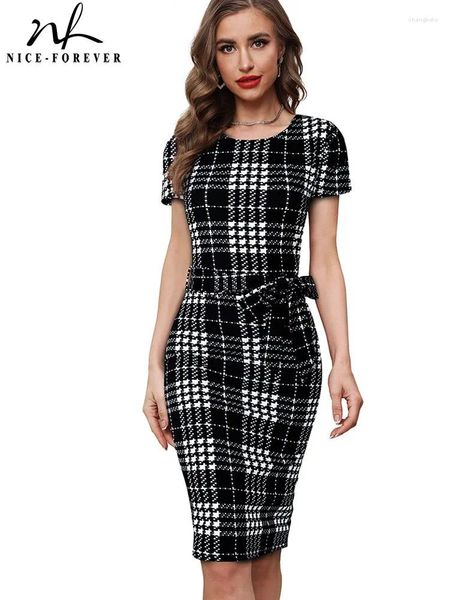 Vestidos de fiesta Nice-Forever Summer Women Classy Plaid Print Formal Business Office Vintage Elegante Vestido ajustado B776