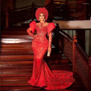 Robes de soirée nigérian africain Aso Ebi soirée rouge sirène perles dentelle robe de bal manches longues luxe noir femmes robes formelles