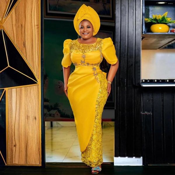 Vestidos de fiesta de oro nigeriano amarillo promedio de fiesta de graduación con cuentas largas vestidos de novia africanos de tamaño grande