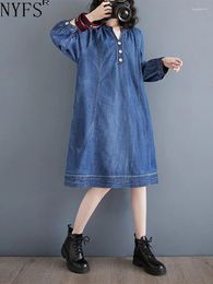 Robes de fête NYFS 2024 Spring Vintage broderie Denim Vestidos Vestidos Robe EBISE LOBE plus taille en V