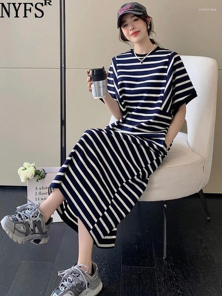 Robes de fête NYFS 2024 Été Korea femme robe vestidos robe elbise lâche plus taille Blue White Stripes manches courtes longues