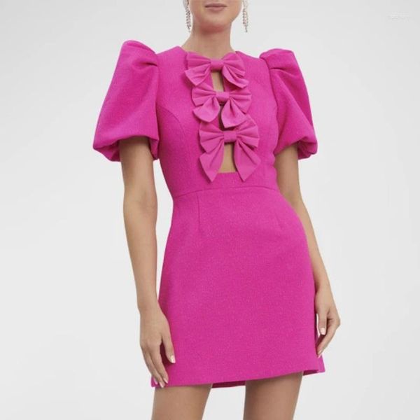 Vestidos de fiesta O-cuello de manga corta Mini vestido largo con arco Rosa Ropa de mujer Cóctel de moda para mujeres bonitas