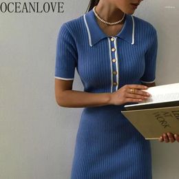 Feestjurken oceanlove gebreide vrouwen contrast kleur sexy bodycon zomervestidos ins high taille afslag kraag gewaad femme