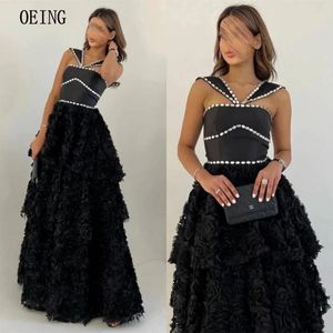 Robes de soirée OEING A-ligne magnifique robe de nuit noire club à plusieurs niveaux perles robe d'occasion formelle longueur de plancher dubaï arabe 2024