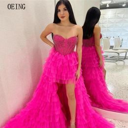 Robes de soirée OEING Fuschia A-ligne chérie haut et bas cocktail sans bretelles robe d'occasion formelle à plusieurs niveaux