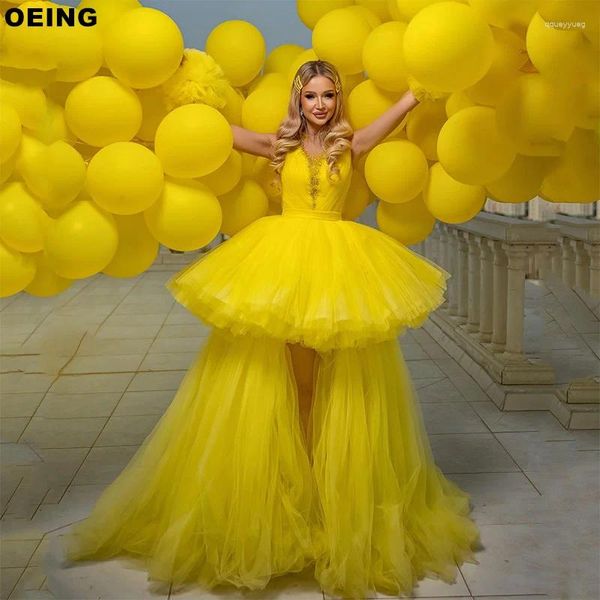 Robes de soirée OEING Jaune A-ligne Robe De Bal Chic Col En V Tulle À Niveaux Spaghetti Sangle Soirée Formelle Occasion Robe Robes De Novia