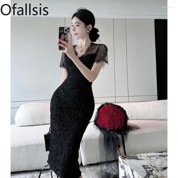 Robes de soirée Ofallsis haut de gamme français col en V brodé dentelle noire robe de couture 2024 été élégant taille sexy mince longue femme