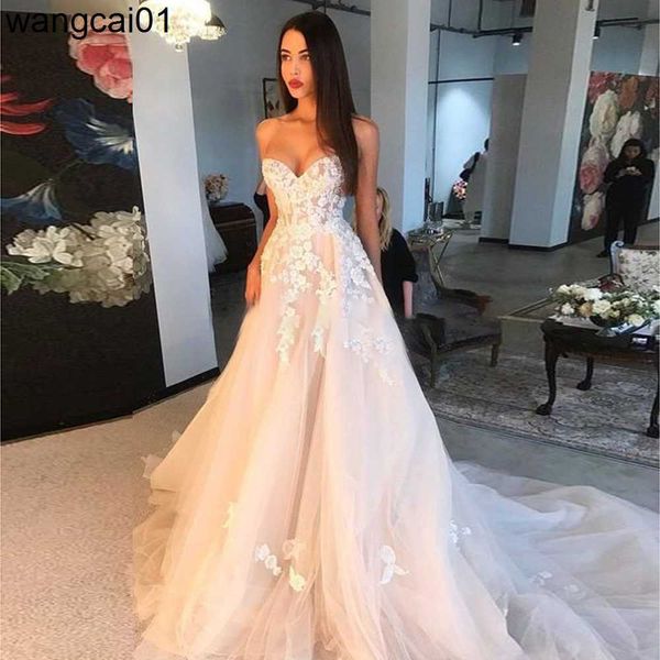 Robes de soirée épaules dénudées robes de mariée champagne 3D ivoire appliques une ligne chérie dentelle corset dos mariées robes de mariée 2021 formelle 0408H23