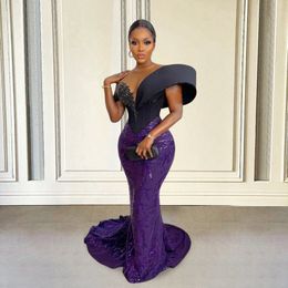 Vestidos de fiesta fuera del hombro Purple Night Long 2023 Mermaid Sequin Beads ASO ASO Estilo Ebi Mujeres negras Africanas Formas de graduación 230310