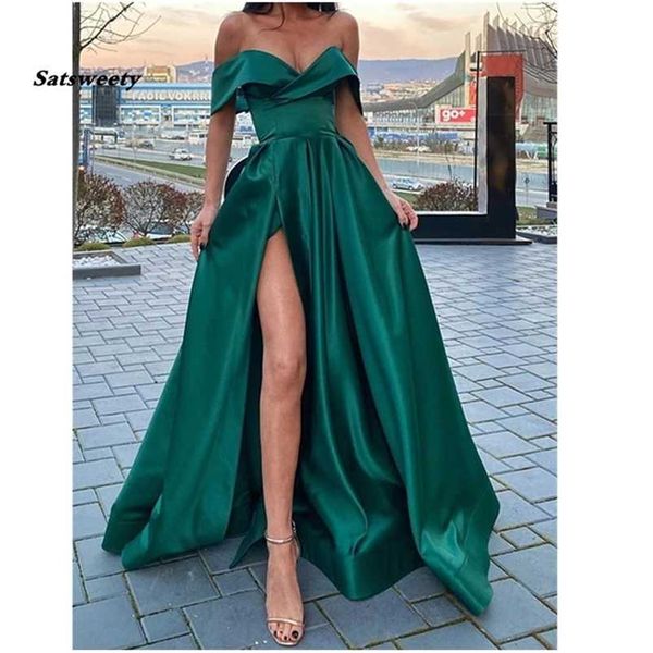 Robes de soirée de l'épaule vert émeraude satin longues robes de bal avec jambe fendue col en V longueur de plancher arabe robe de soirée de soirée 220923