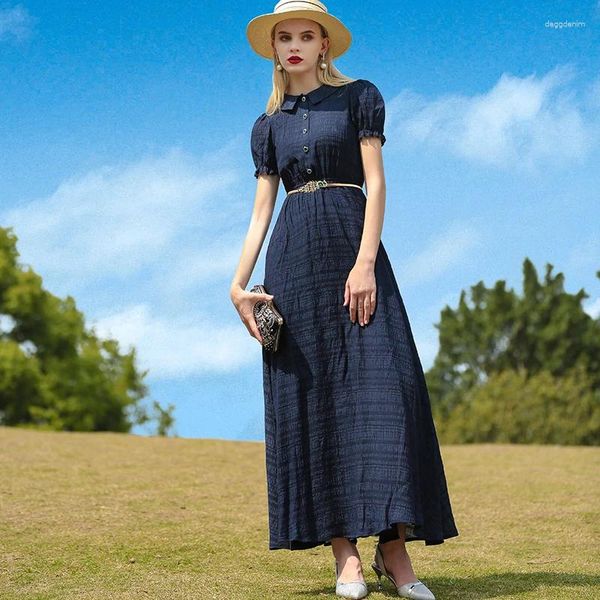 Robes de fête Bureau Lady Summer Navy Long Robe Clain à manches Slim Taies Slim Holismes Vacances Boutons d'anniversaire pour filles Puff