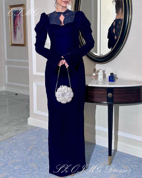 Robes de fête oimg magnifiques Offières Prom Prom Saudi Arabe Femmes Velvet Lace Bleu Bleu Vintage Robes de soirée Robe formelle Occasion