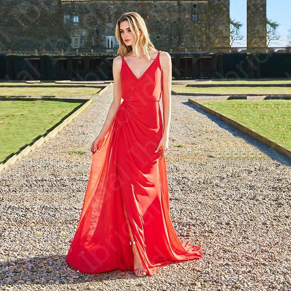 Robes de soirée en vente simple 2023 bal long rouge sans manches mariage robes d'invité décolleté en V dos plissé