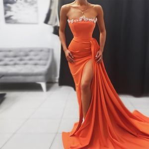Robes de soirée Orange haut côté fendu Satin sirène soirée cristal perles pli froncé Dubai femmes robe de bal formelle DressParty