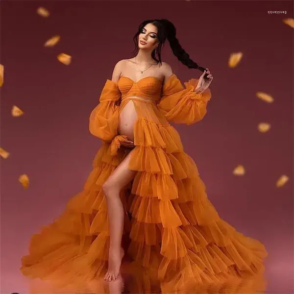 Robes de fête Orange Ruffle Tulle Maternity Robe Front Split Sweetheart Long Manche Baby Shower Boho Women Prom