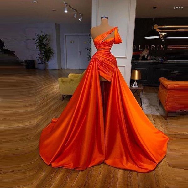 Vestidos de fiesta Naranja Sexy Elegante Prom Un hombro Sin mangas Con tren largo Mujeres Vestidos de cóctel de noche Tallas grandes por encargo