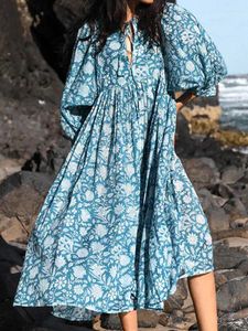 Feestjurken Oversized Casual Losse Dames Zomer Elegante bloemenprint Lange mode Lantaarnmouwen Boho Strandvakantiejurk