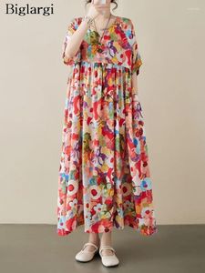 Vestidos de fiesta de gran tamaño Impresión floral de verano Mujeres casuales Modis sueltos Librillas Damas plisadas Manga corta A-Line Mujer