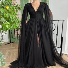 Robes de fête peorchid perle noire bal sexy tulle V cou coude divisé robe longue femme élégante luxe 2024 manches de soirée